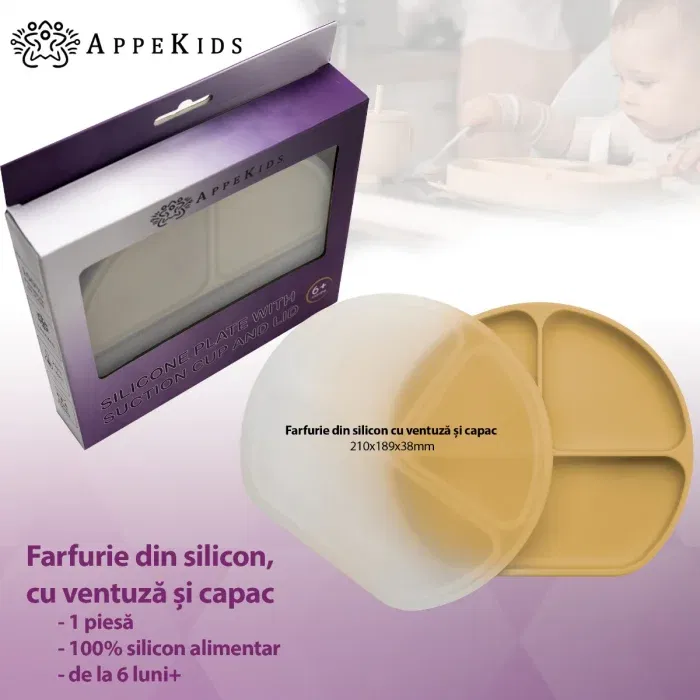 Farfurie compartimentata din silicon cu ventuza si capac, AppeKids - Galben [3]