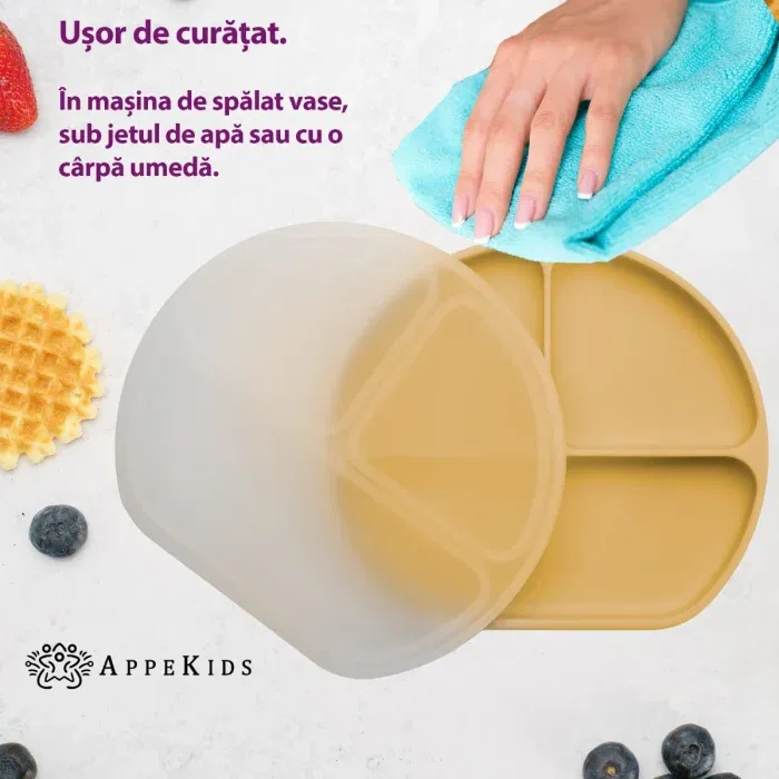 Farfurie compartimentata din silicon cu ventuza si capac, AppeKids - Galben [2]