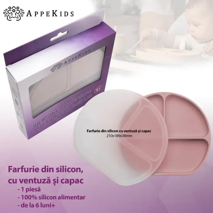 Farfurie compartimentata din silicon cu ventuza si capac, AppeKids - Roz [4]