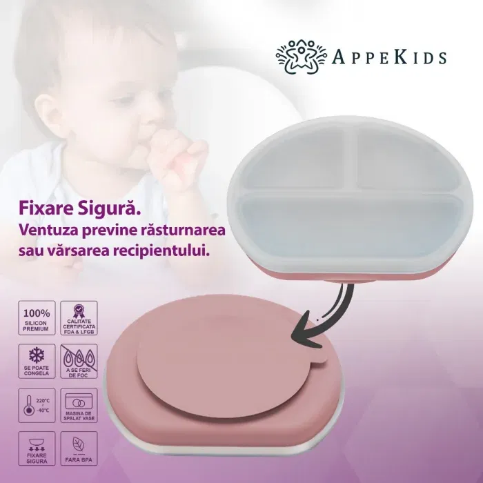 Farfurie compartimentata din silicon cu ventuza si capac, AppeKids - Roz [3]