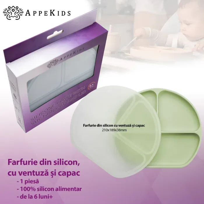 Farfurie compartimentata din silicon cu ventuza si capac, AppeKids - Verde [3]