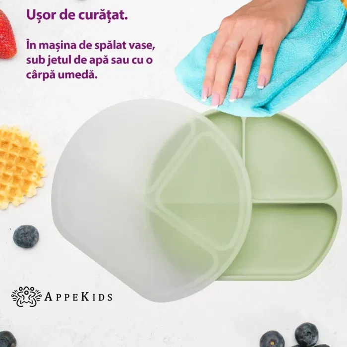Farfurie compartimentata din silicon cu ventuza si capac, AppeKids - Verde [4]
