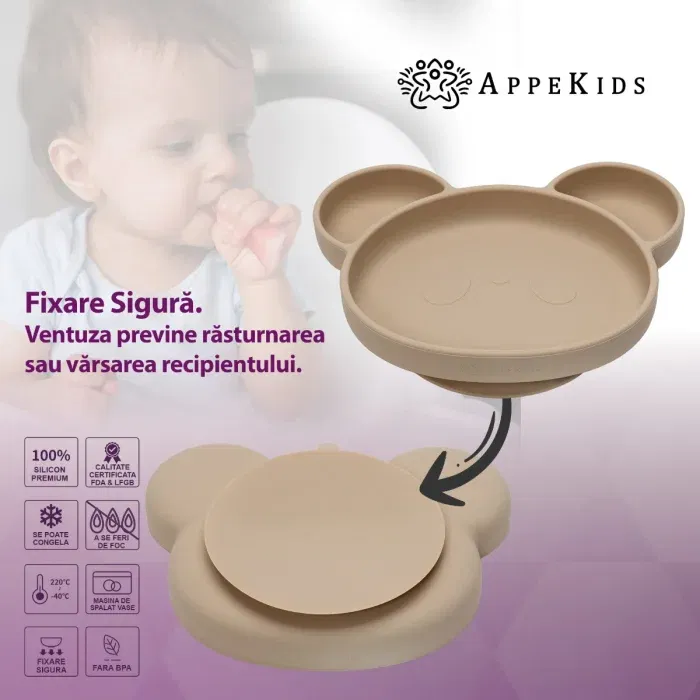 Farfurie din silicon cu ventuza, AppeKids, Panda - Bej [4]