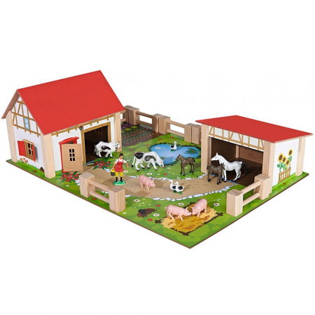 Jocuri și Jucării - Ferma  din lemn  pentru  copii de la 3 ani+, Eichhorn 51x36x17 cm cu accesorii