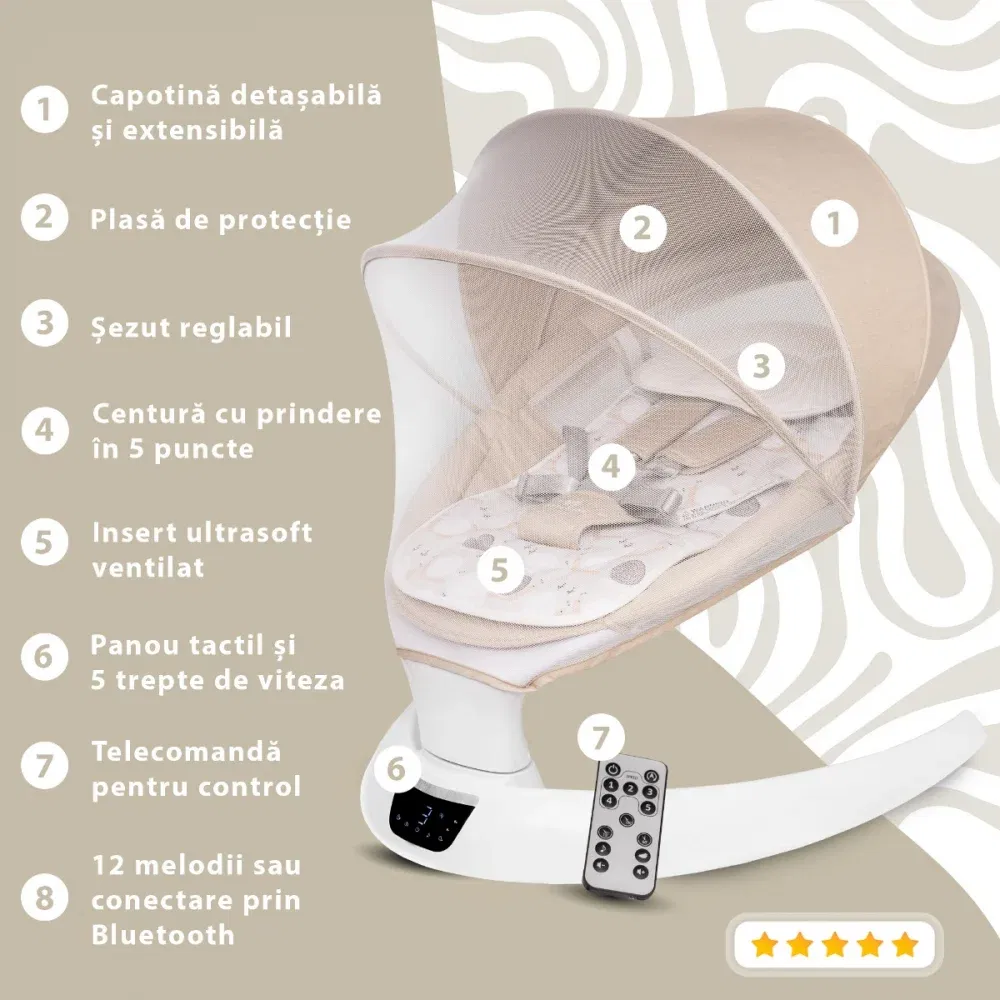 Leagan electric pentru bebelusi, cu spatar reglabil si senzor de miscare, AppeKids Evoque - Bej [2]
