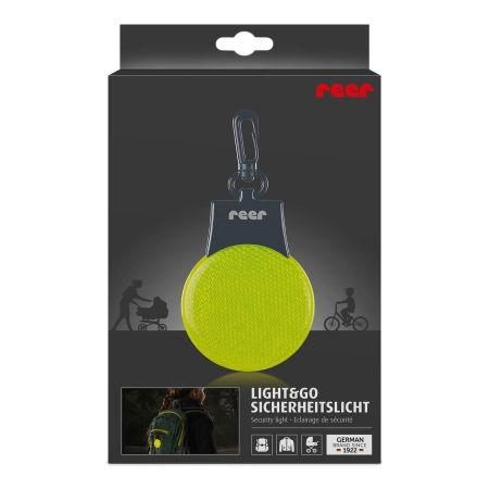 Accesorii Siguranță Copii - Lumina de siguranta LED reflectorizanta cu semnalizare intermitenta, verde fluorescent, cu carabina de agatare, Reer Light&Go 53253