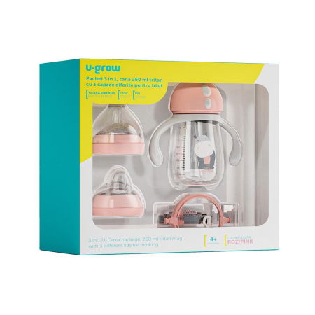 Suzete bebe - Pachet 3 in 1 cana 260 ml tritan cu 3 accesorii diferite pentru baut : tetina biberon, cioc , pai, dark pink, U-Grow
