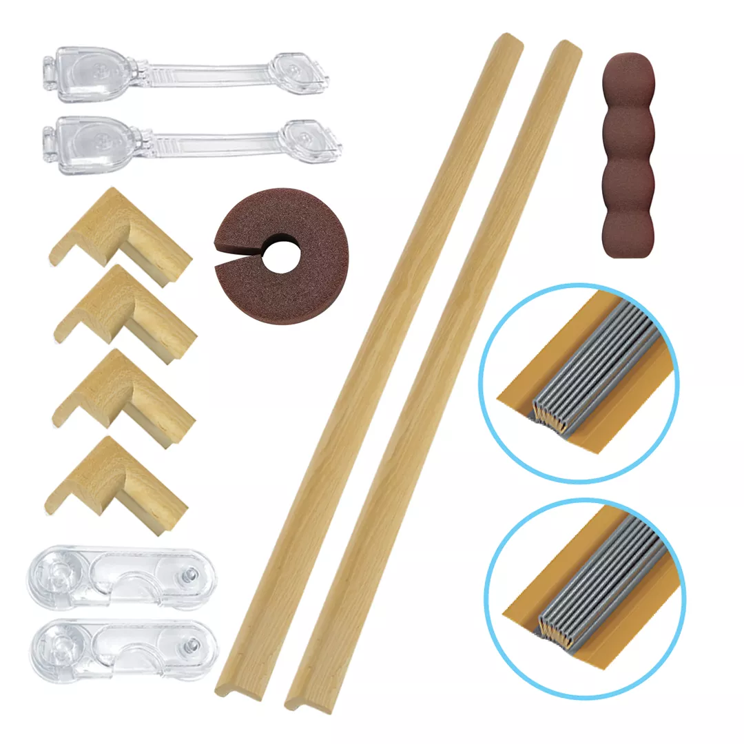 Set protecții copii - Pachet sisteme de siguranta copii, 14 piese, culoarea lemnului deschis