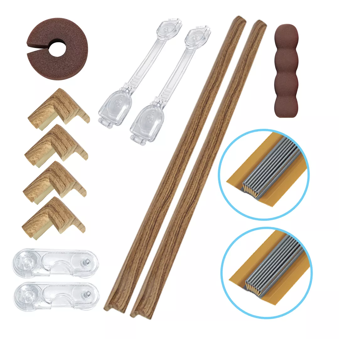 Set protecții copii - Pachet Sisteme de Siguranta Copii, 14 piese, culoarea lemnului inchis