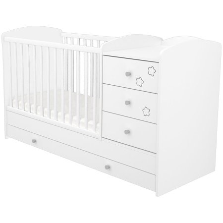 Sisteme De Siguranță Copii - Patut copii transformabil din lemn cu 4 sertare Hubners Matei Kombi 120x60 cm alb cu stelute