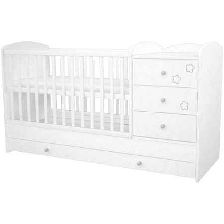 Produse - Patut copii transformabil din lemn cu 4 sertare Hubners Matei Kombi 120x60 cm alb cu stelute