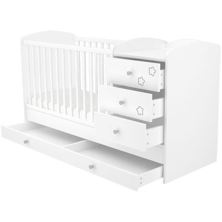 Patut copii transformabil din lemn cu 4 sertare Hubners Matei Kombi 120x60 cm alb cu stelute [1]