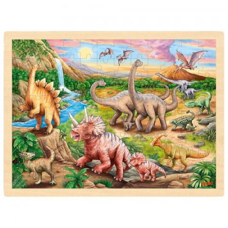 Puzzle - Puzzle copii, cu dinozauri, de lemn, 96 piese