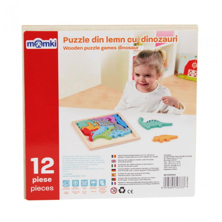 PUZZLE DIN LEMN CU DINOZAURI, 12 PIESE, MOMKI [2]