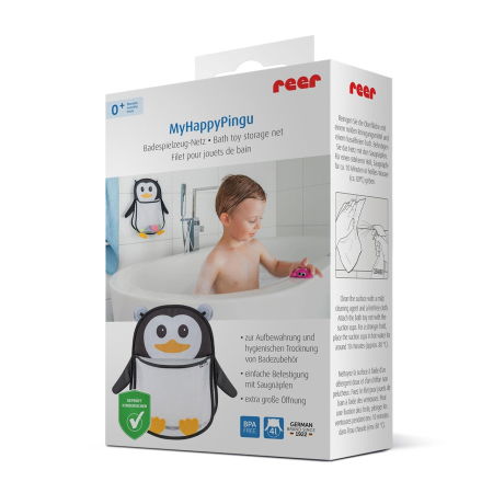 Saculet din plasa pentru jucarii de baie, prindere cu ventuze, forma de pinguin, fara BPA, 0+ luni, Reer MyHappyPingu 76062 [1]