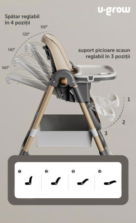 Scaun de masa cu inaltime reglabila, spatar ajustabil in 4 pozitii, pliabil, brown, U-Grow [1]