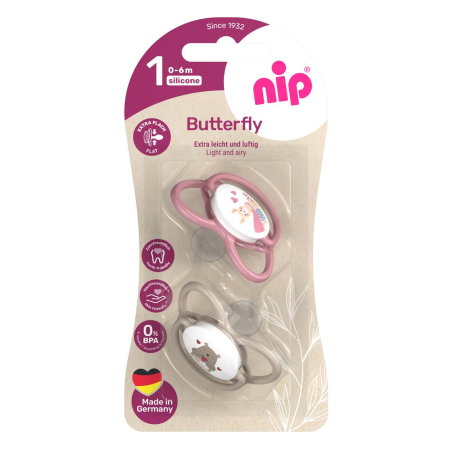 Set 2 suzete nip Butterfly cu tetina ortodontica din silicon, forma simetrica, fara BPA, cu inel pentru prindere usoara, 0-6 luni, nip Butterfly 31050 [2]