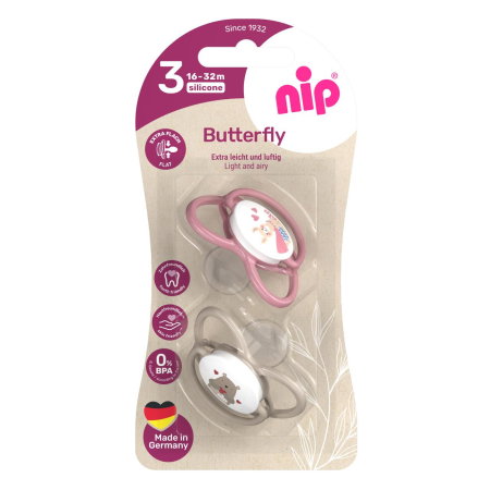 Set 2 suzete nip Butterfly cu tetina ortodontica din silicon, forma simetrica, fara BPA, cu inel pentru prindere usoara, 16-32 luni, nip Butterfly 31052 [2]