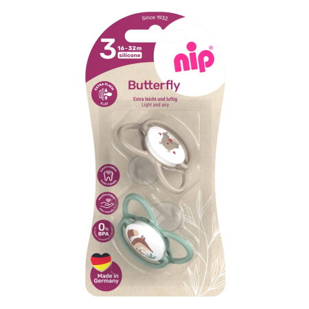 Produse - Set 2 suzete nip Butterfly cu tetina ortodontica din silicon, forma simetrica, fara BPA, cu inel pentru prindere usoara, 16-32 luni, nip Butterfly 31052