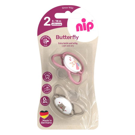 Set 2 suzete nip Butterfly cu tetina ortodontica din silicon, forma simetrica, fara BPA, cu inel pentru prindere usoara, 5-18 luni, nip Butterfly 31051 [2]