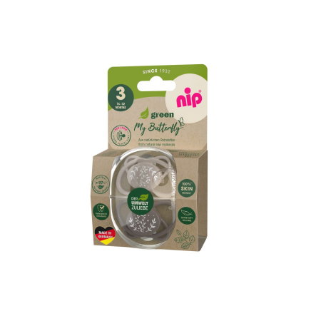 Produse - Set 2 suzete nip My Butterfly cu tetina ortodontica din silicon, forma simetrica, din materiale naturale regenerabile, fara BPA, cutie de transport si sterilizare, 5-18 luni, maro, nip My Butterfly Gr
