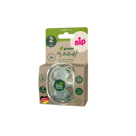 Produse - Set 2 suzete nip My Butterfly cu tetina ortodontica din silicon, forma simetrica, din materiale naturale regenerabile, fara BPA, cutie de transport si sterilizare, 5-18 luni, verde, nip My Butterfly G