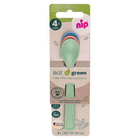 Alimentatie/Vesela, tacamuri si accesorii - Set 3 lingurite colorate Eat Green pentru bebelusi, din plastic bio, lavabile in masina de spalat vase, 4+ luni, nip 37066