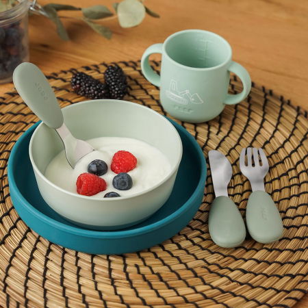 Produse - Set 3 tacamuri din otel inoxidabil (furculita, lingurita si cutit), manere din silicon, fara BPA, lavabile in masina de spalat vase, Reer 25133