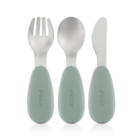 Suzete bebe - Set 3 tacamuri din otel inoxidabil (furculita, lingurita si cutit), manere din silicon, fara BPA, lavabile in masina de spalat vase, Reer
