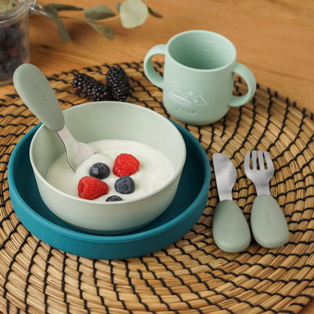 Set 3 tacamuri din otel inoxidabil (furculita, lingurita si cutit), manere din silicon, fara BPA, lavabile in masina de spalat vase, Reer [1]