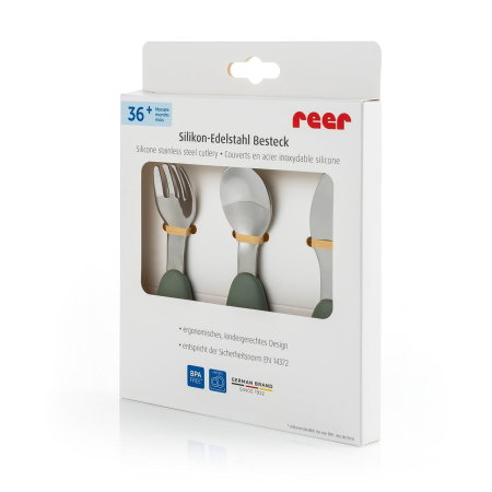 Set 3 tacamuri din otel inoxidabil (furculita, lingurita si cutit), manere din silicon, fara BPA, lavabile in masina de spalat vase, Reer [6]