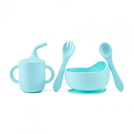 Set 4 piese diversificare din silicon: Cana cu pai, bol , lingurita si furculita, blue, U-Grow [1]