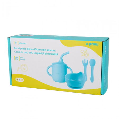 Set 4 piese diversificare din silicon: Cana cu pai, bol , lingurita si furculita, blue, U-Grow [3]