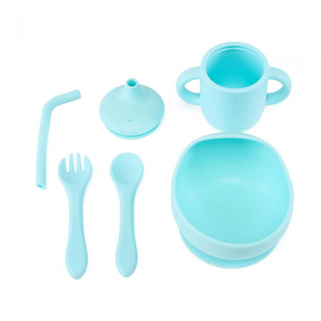 Set 4 piese diversificare din silicon: Cana cu pai, bol , lingurita si furculita, blue, U-Grow [2]