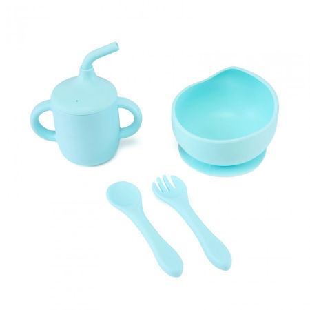 Suzete bebe - Set 4 piese diversificare din silicon: Cana cu pai, bol , lingurita si furculita, blue, U-Grow