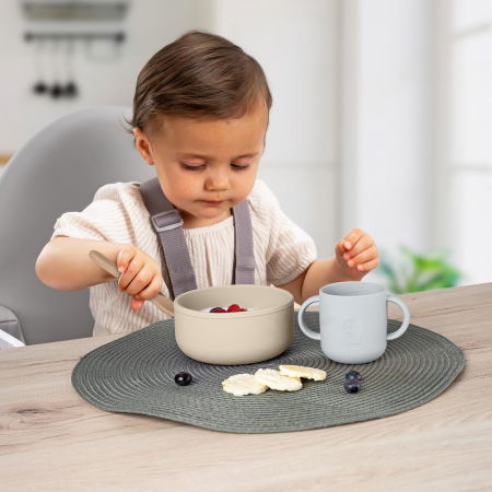 Set 4 piese vesela din silicon pentru mancarea copiilor (farfurie, castron, canuta, lingurita), fara BPA, lavabile in masina de spalat vase, de la 6 luni, bej, Reer 25100 [1]