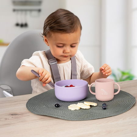 Set 4 piese vesela din silicon pentru mancarea copiilor (farfurie, castron, canuta, lingurita), fara BPA, lavabile in masina de spalat vase, de la 6 luni, mov, Reer 25124 [1]