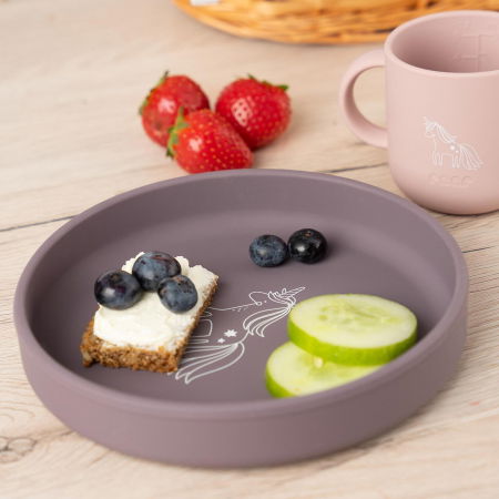 Set 4 piese vesela din silicon pentru mancarea copiilor (farfurie, castron, canuta, lingurita), fara BPA, lavabile in masina de spalat vase, de la 6 luni, mov, Reer 25124 [1]