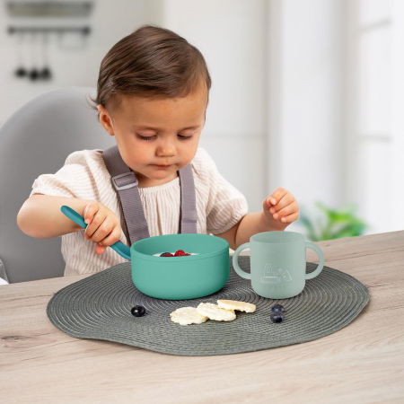 Produse - Set 4 piese vesela din silicon pentru mancarea copiilor (farfurie, castron, canuta, lingurita), fara BPA, lavabile in masina de spalat vase, de la 6 luni, verde, Reer 25113