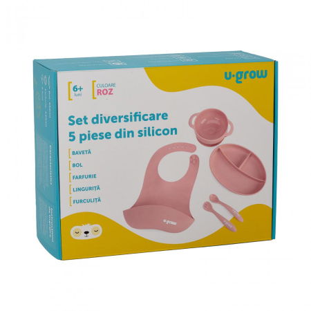 Set diversificare 5 piese silicon : baveta, bol, farfurie, lingurita si furculita, roz, U-Grow [6]