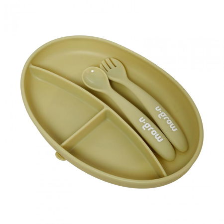 Set farfurie cu lingurita si furculita silicon, olive,U-Grow [1]