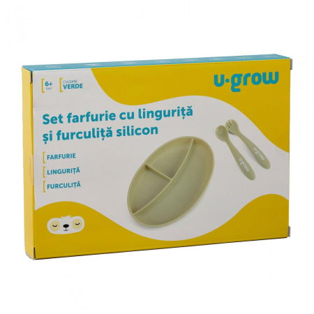 Set farfurie cu lingurita si furculita silicon, olive,U-Grow [2]
