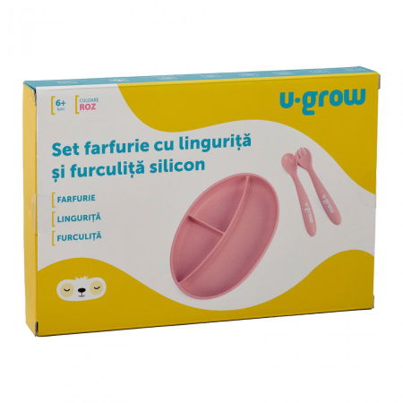 Set farfurie cu lingurita si furculita silicon, roz , U-Grow [2]