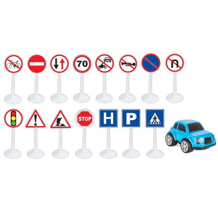 Jocuri de logica si strategie - Set Pilsan Jucarie indicatoare rutiere Mini Traffic Signs cu masinuta