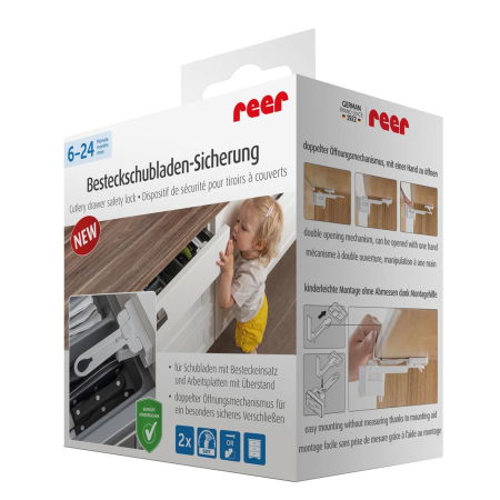 Set protecții copii - Set sigurante pentru sertare de tacamuri, 2 bucati, albe, montare cu adeziv sau surub, Reer 71090