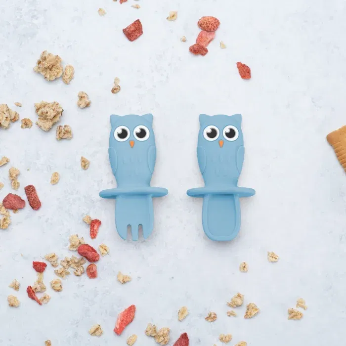 Termosuri, recipiente mâncare pentru copii - Set Tacamuri din silicon, AppeKids, OWL - Albastru