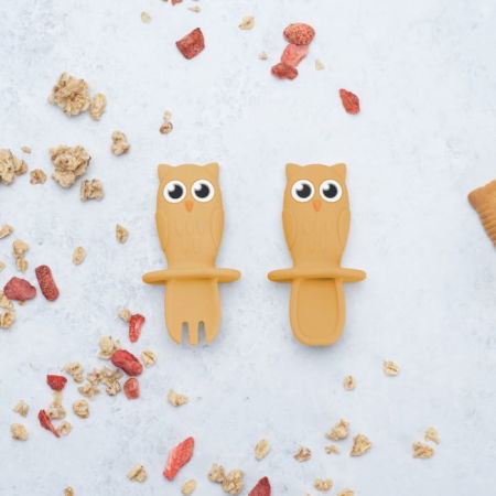 Termosuri, recipiente mâncare pentru copii - Set Tacamuri din silicon, AppeKids, OWL - Galben Miere