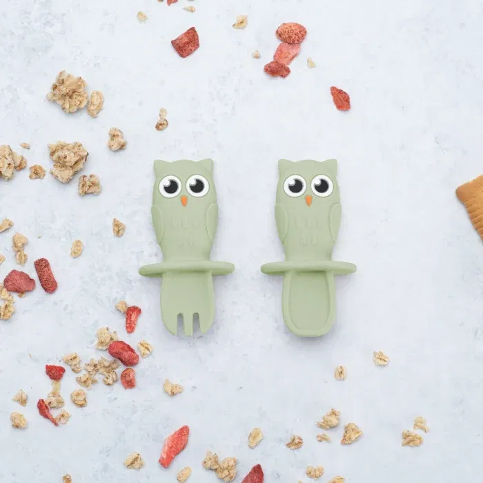 Termosuri, recipiente mâncare pentru copii - Set Tacamuri din silicon, AppeKids, OWL - Verde