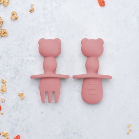 Termosuri, recipiente mâncare pentru copii - Set Tacamuri din silicon, AppeKids, The Little Bear - Roz