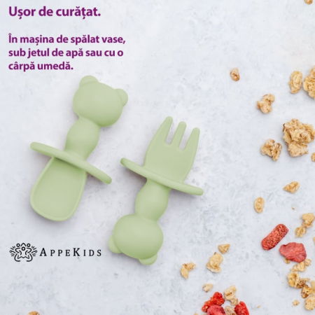 Termosuri, recipiente mâncare pentru copii - Set Tacamuri din silicon, AppeKids, The Little Bear - Verde
